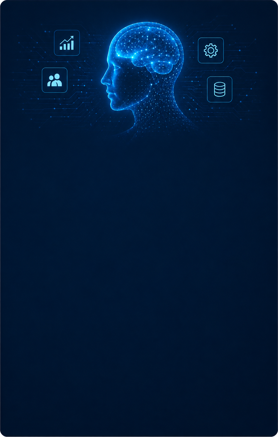 DASHR AI — an AI-rendered head profile with a glowing neural network brain, surrounded by icons for growth, people, workflow automation, and data