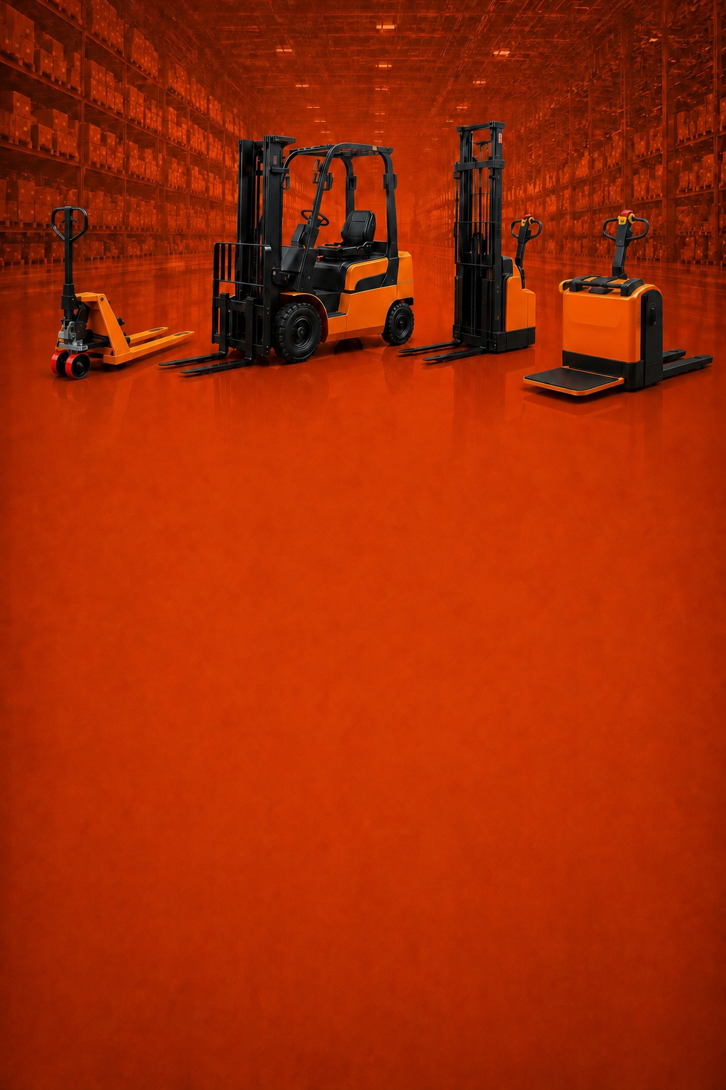 DASHR MHE equipment lineup — forklift, stackers, and pallet trucks in a warehouse